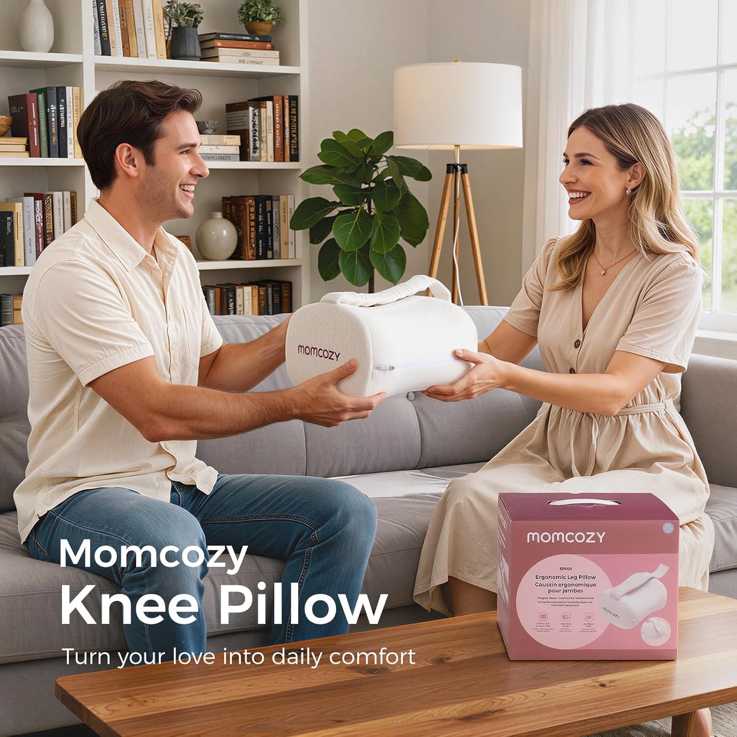 Perna pentru Genunchi – Spumă cu Memorie, Design Ergonomic pentru Dormitul pe o Parte, Curea Elastică Reglabilă, Suport pentru Genunchi și Picioare- MOMCOZY