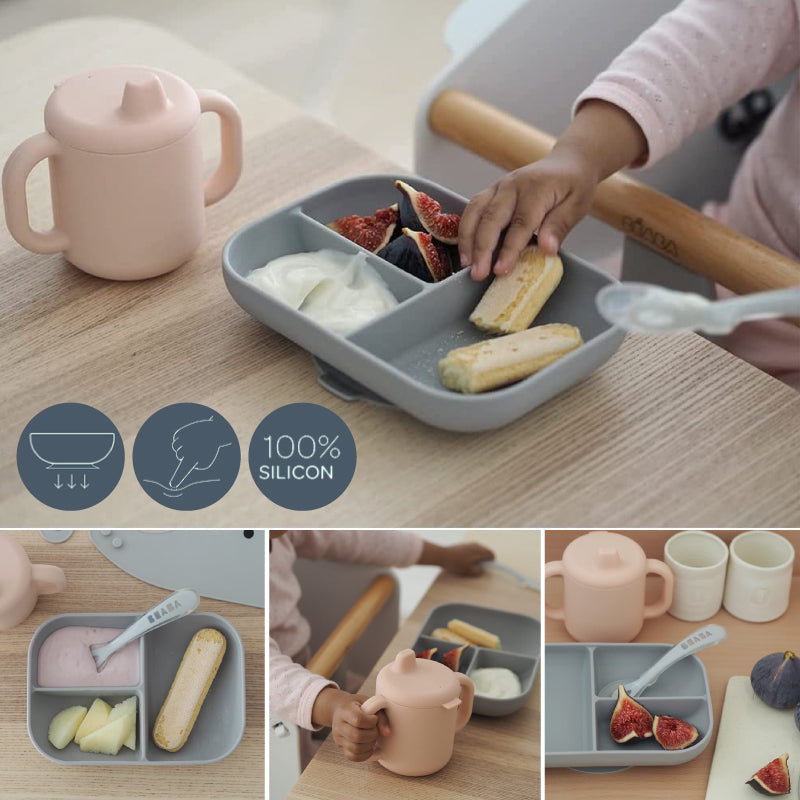 Set de masa silicon cu cana Beaba Old Pink