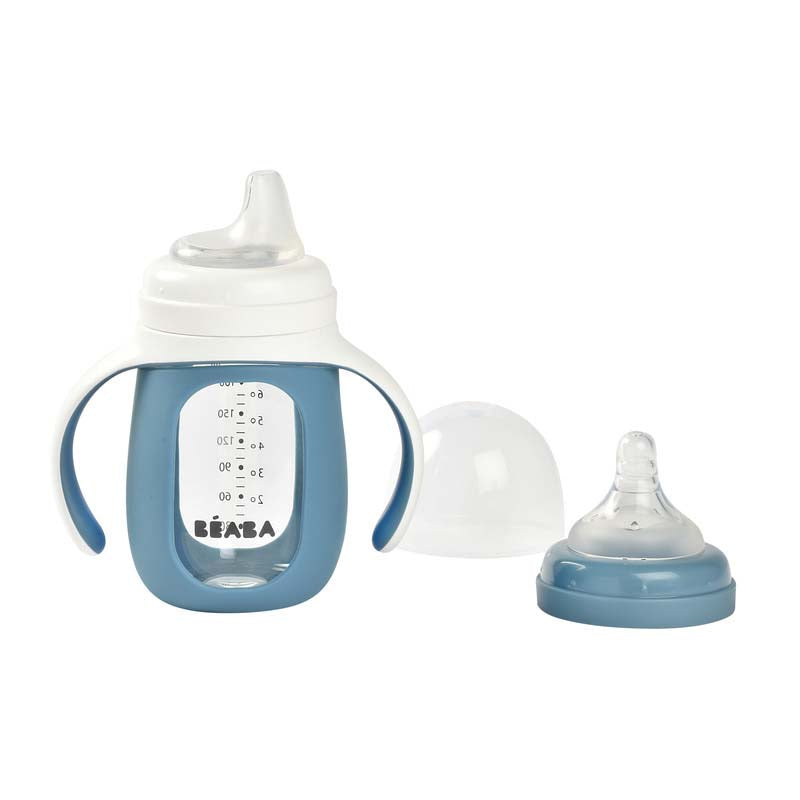Biberon de invatare 2 in 1 din Sticla Beaba 210 ml Windy Blue