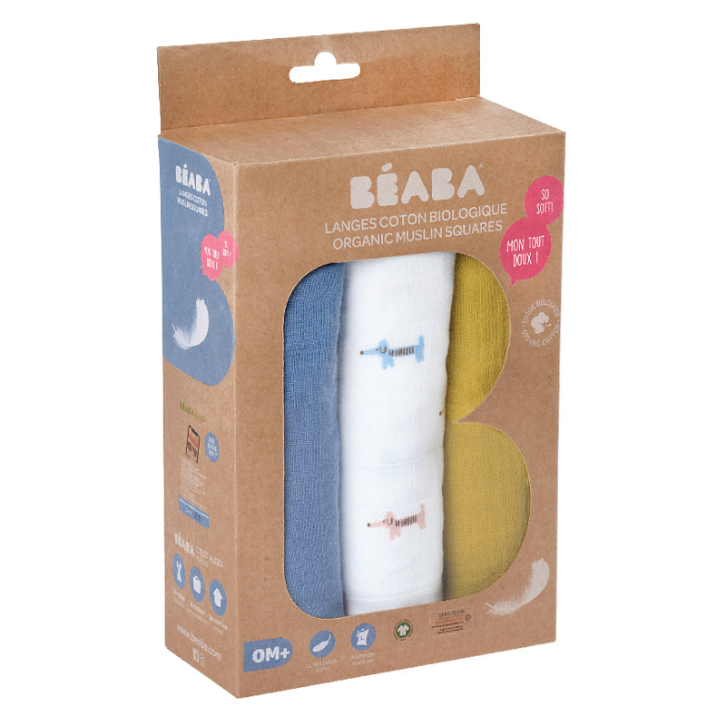 Set 3 museline Beaba din bumbac organic 70x70 cm Teckel Beige