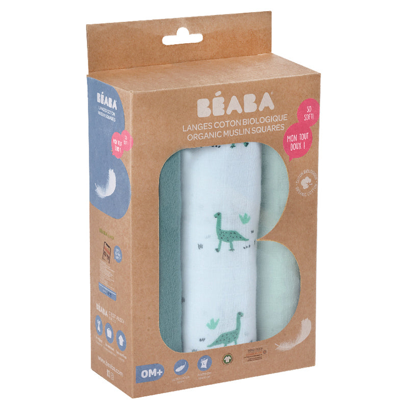 Set 3 Museline Beaba bumbac organic 70x70 cm Jurassic Green