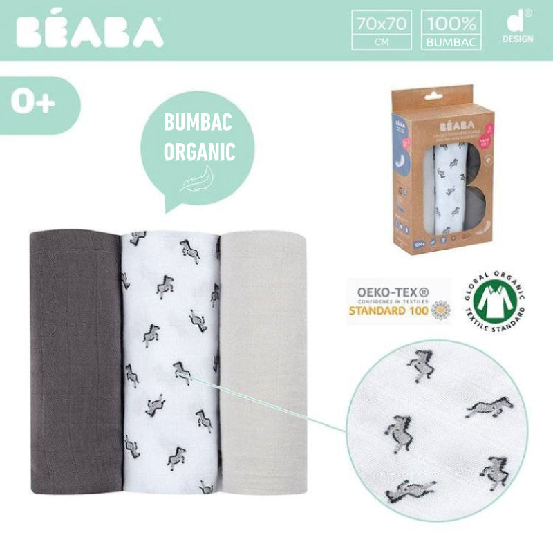 Set 3 Museline Beaba Bumbac Organic 70x70 cm Savana Grey