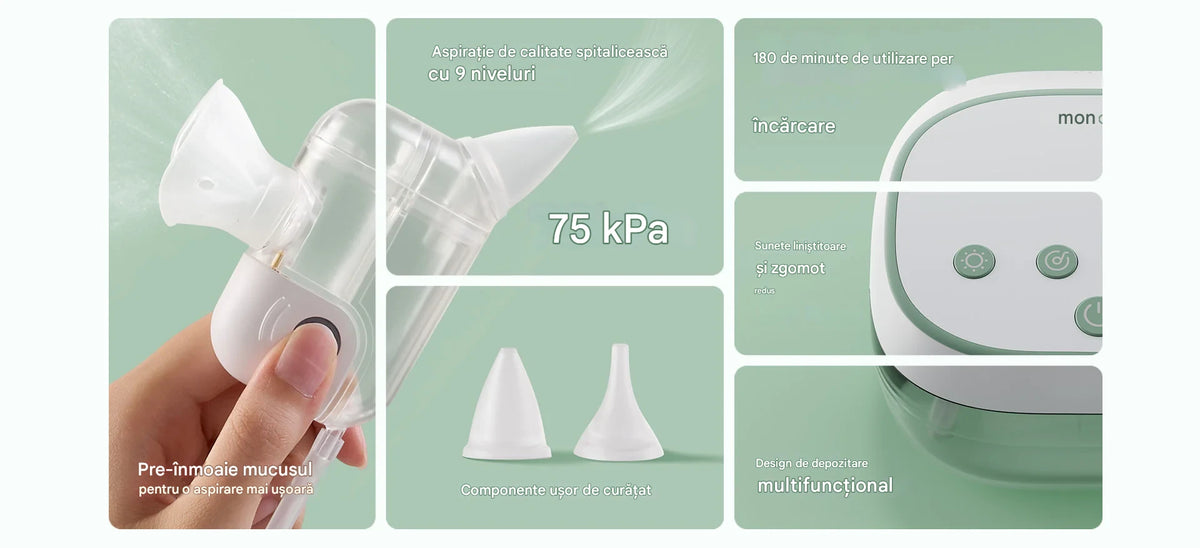 Aspirator Nazal Electric Momcozy BreezyClear Pro 2 in 1 Spray Salin si Aspiratie 75 kPa