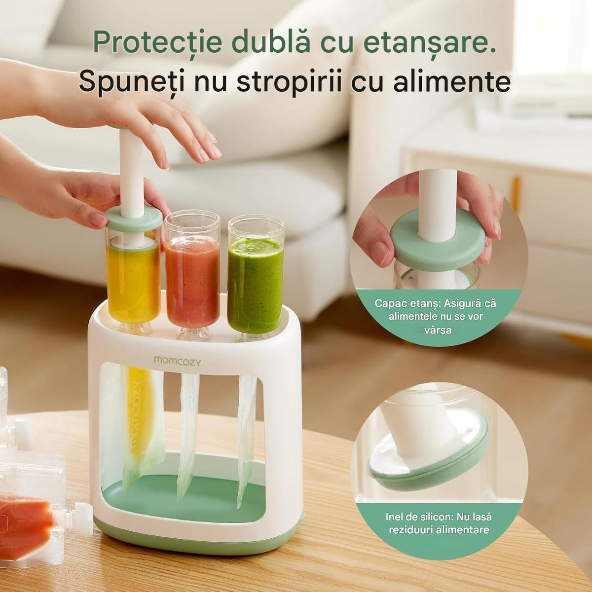 Statie Umplere Pungi Piure Bebelusi Momcozy Fara BPA cu 5 Pungi Reutilizabile