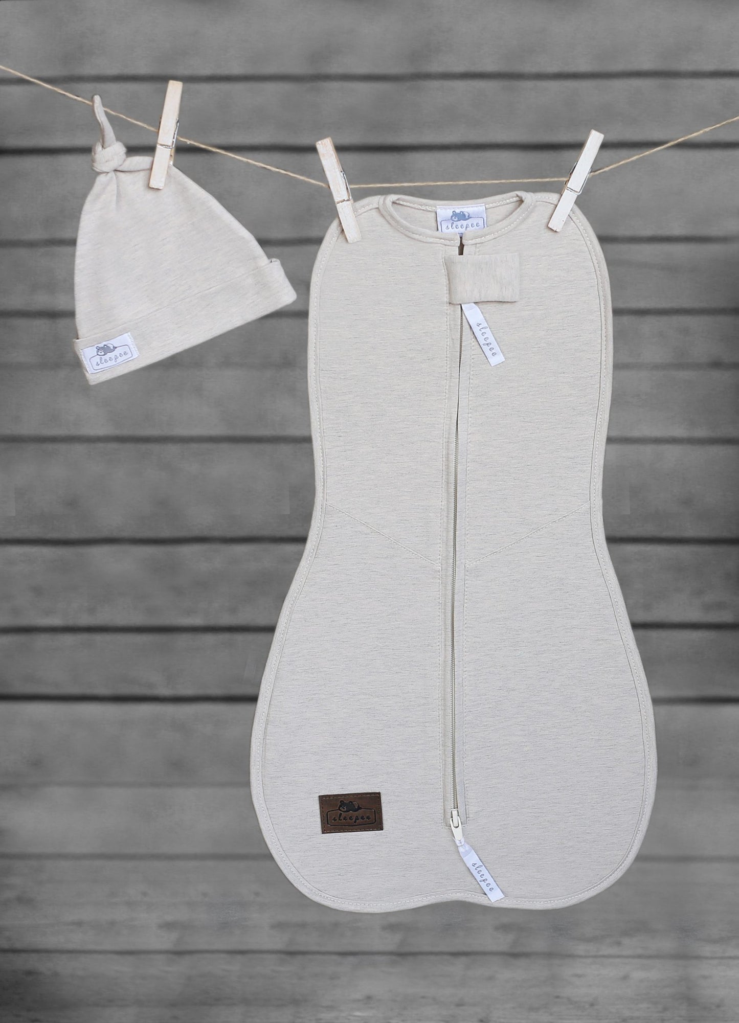Saculet Swaddle Nou Nascut Sleepee First Step cu Caciulita, Bumbac 92% + Elastan, 3-6.5 kg, Bej
