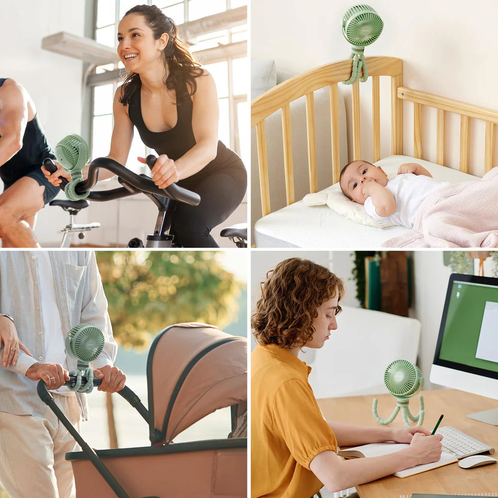Ventilator 360 grade MULTIFUNCTIONAL portabil pentru carucior Momcozy, 4 viteze,cu acumulator 8000 mAh si Lumina Led - Mov MOMCOZY