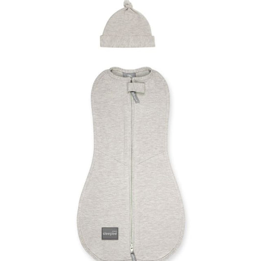 Saculet Swaddle Nou Nascut Sleepee First Step cu Caciulita, Bumbac 92% + Elastan, 3-6.5 kg, Bej