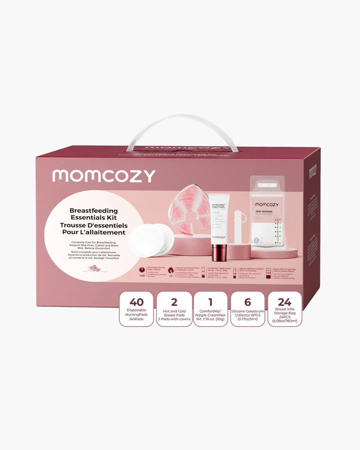 Kit pentru alăptare 73 piese Esențiale pentru geanta de maternitate, cu tampoane sân, comprese calde și reci, cremă mameloane, recipiente colectarea colostrului și pungi depozitarea laptelui matern Momcozy