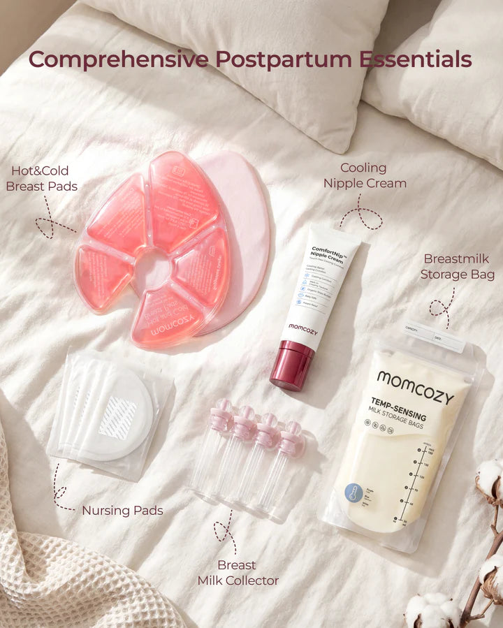 Kit pentru alăptare 73 piese Esențiale pentru geanta de maternitate, cu tampoane sân, comprese calde și reci, cremă mameloane, recipiente colectarea colostrului și pungi depozitarea laptelui matern Momcozy