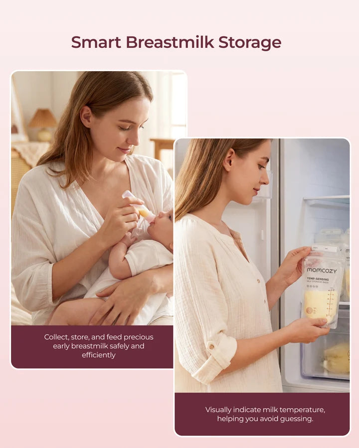 Kit pentru alăptare 73 piese Esențiale pentru geanta de maternitate, cu tampoane sân, comprese calde și reci, cremă mameloane, recipiente colectarea colostrului și pungi depozitarea laptelui matern Momcozy