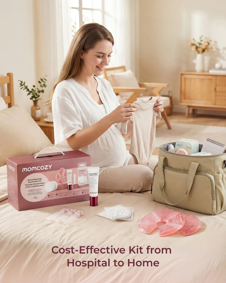 Kit pentru alăptare 73 piese Esențiale pentru geanta de maternitate, cu tampoane sân, comprese calde și reci, cremă mameloane, recipiente colectarea colostrului și pungi depozitarea laptelui matern Momcozy