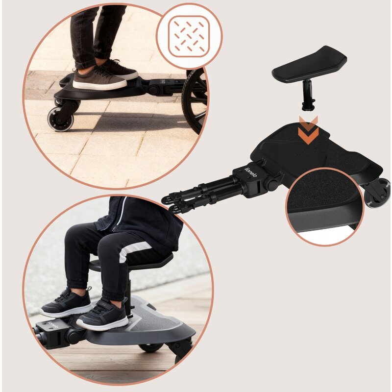 Adaptor universal carucior pentru al doilea copil, Lionelo, Buggy Board, 2 in 1, 3 pozitii reglare sezut pe inaltime, Platforma antiderapanta, Roti cu lumini colorate, Sustine 25 kg, Negru
