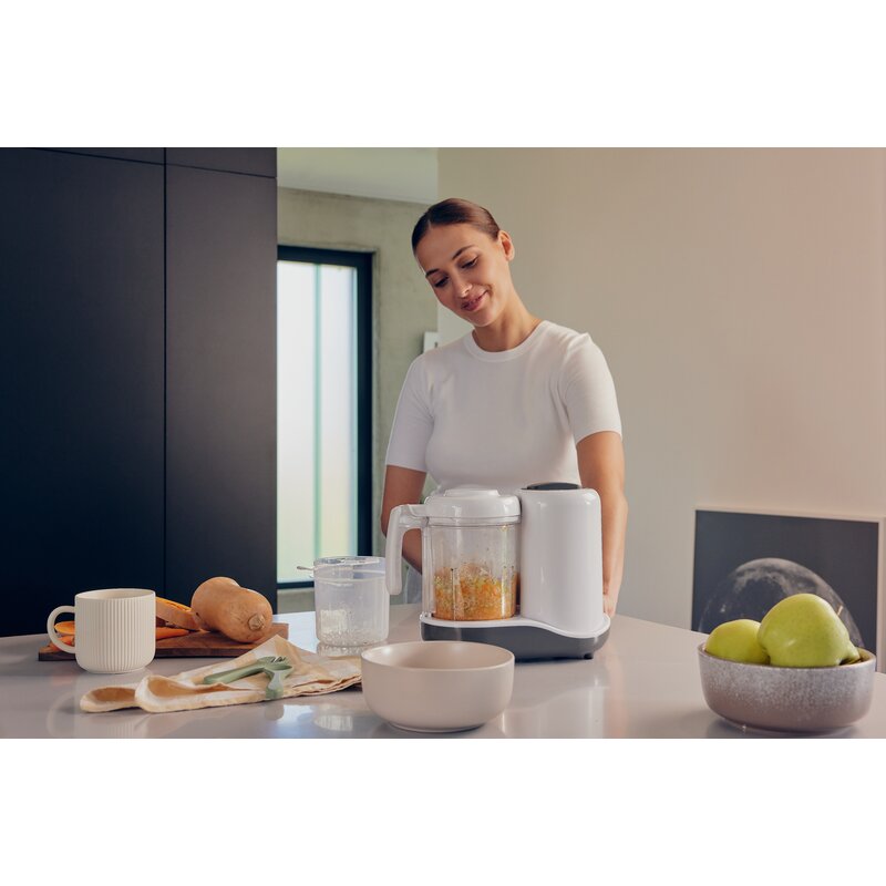 Aparat de gatit, Lionelo, BabyMenu, 5 in 1, Cu gatire la abur, dezghetare, amestecare, incalzire, sterilizare, Cu recipient din tritan, Alb