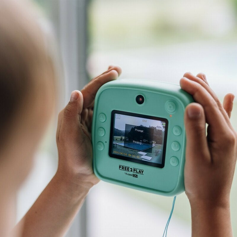 Aparat foto copii cu printare instant, Free2Play, Camere duale fata-spate, Cadre distractive, Cu 6 filtre, Dino