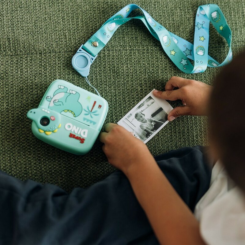 Aparat foto copii cu printare instant, Free2Play, Camere duale fata-spate, Cadre distractive, Cu 6 filtre, Dino