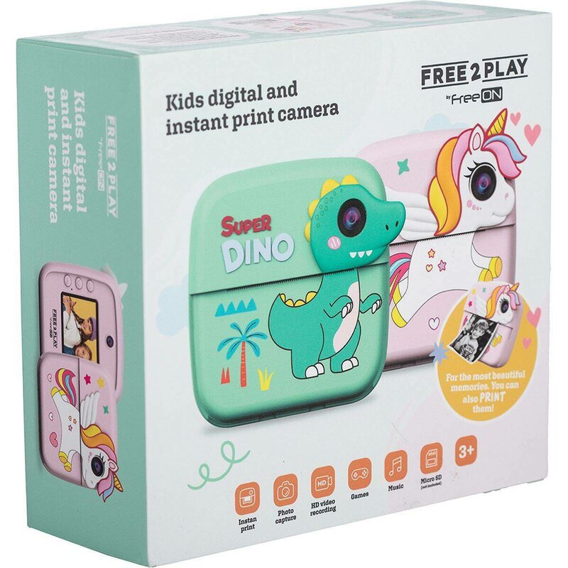 Aparat foto copii cu printare instant, Free2Play, Camere duale fata-spate, Cadre distractive, Cu 6 filtre, Dino