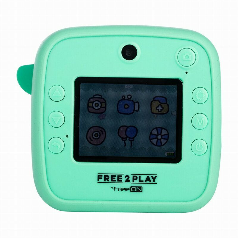 Aparat foto copii cu printare instant, Free2Play, Camere duale fata-spate, Cadre distractive, Cu 6 filtre, Dino