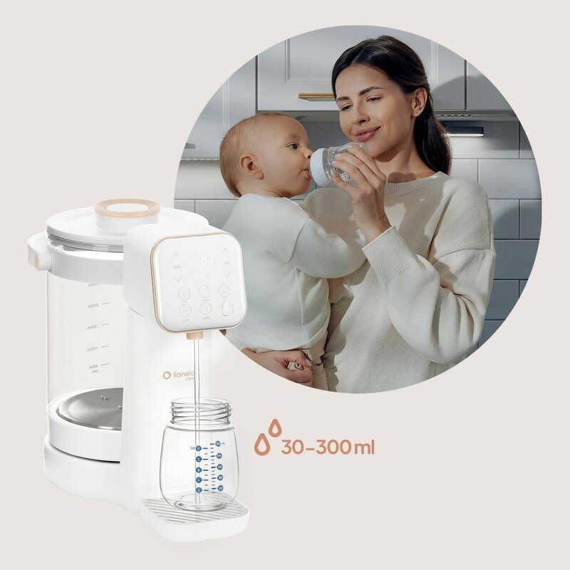 Aparat pentru incalzirea si declorizare apei, Lionelo, Babypresto 2.0, Pentru lapte parf, Lampa UV, Rezervor 3l, Lumina de noapte, Dozare 30- 300 ml, 1200 W, Afisaj digital, Alb