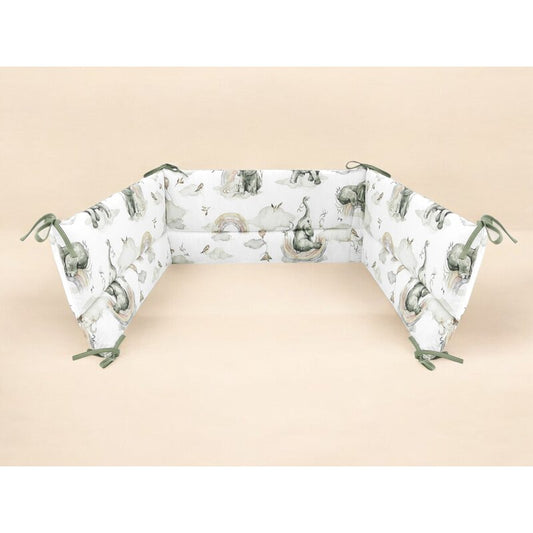 Aparatoare pentru patut, Qmini, Din bumbac certificat Oeko Tex Standard 100, 180x30 cm, Cu panglici, Elephants on Rainbow