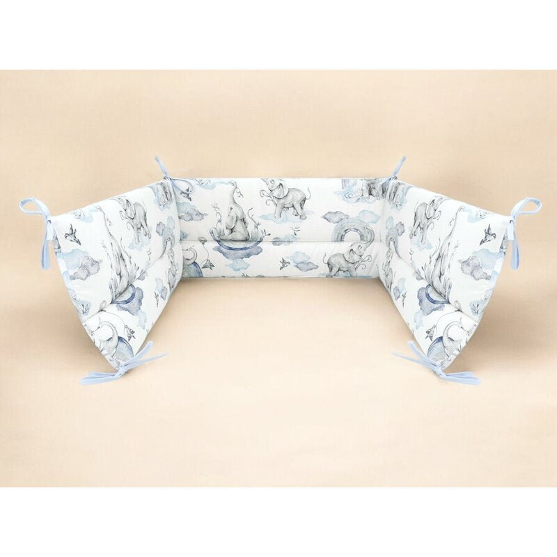 Aparatoare pentru patut, Qmini, Din bumbac certificat Oeko Tex Standard 100, 180x30 cm, Cu panglici, Elephants on Rainbow Blue