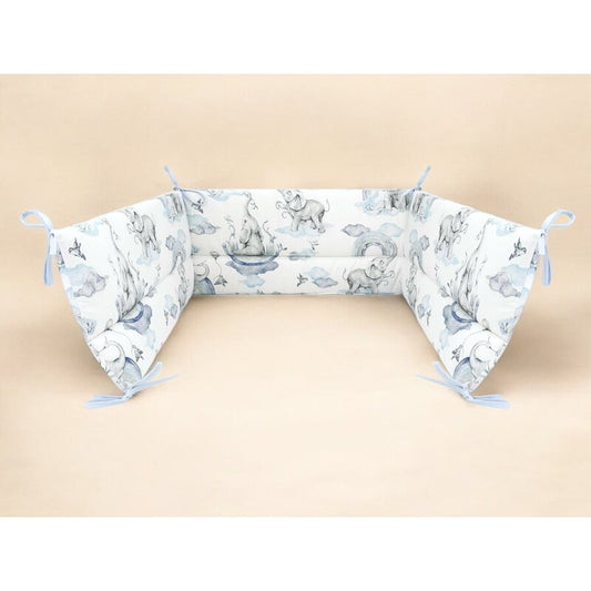 Aparatoare pentru patut, Qmini, Din bumbac certificat Oeko Tex Standard 100, 180x30 cm, Cu panglici, Elephants on Rainbow Blue
