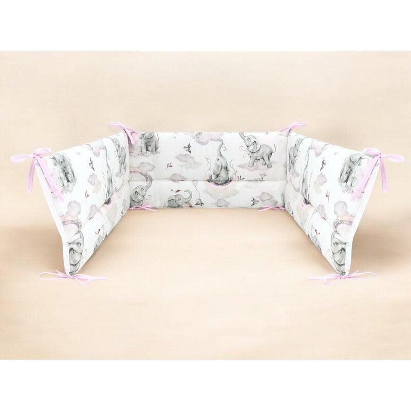 Aparatoare pentru patut, Qmini, Din bumbac certificat Oeko Tex Standard 100, 180x30 cm, Cu panglici, Elephants on Rainbow Pink