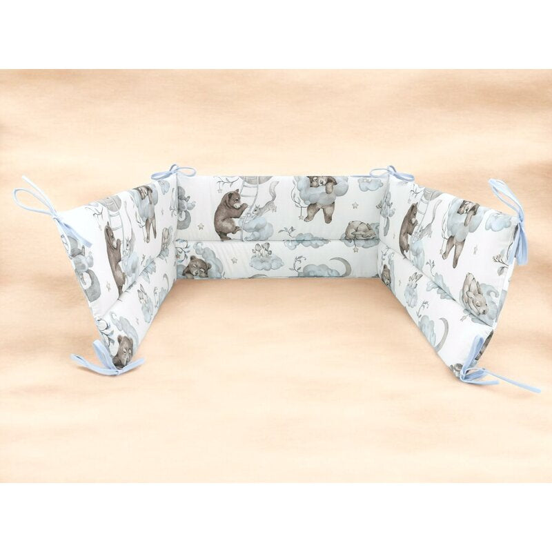 Aparatoare pentru patut, Qmini, Din bumbac certificat Oeko Tex Standard 100, 210x30 cm, Cu panglici, Teddy Bear and Friends Blue