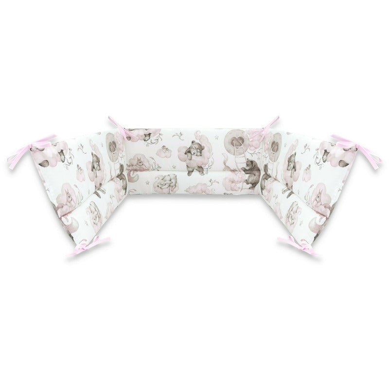 Aparatoare pentru patut, Qmini, Din bumbac certificat Oeko Tex Standard 100, 210x30 cm, Cu panglici, Teddy Bear and Friends Pink