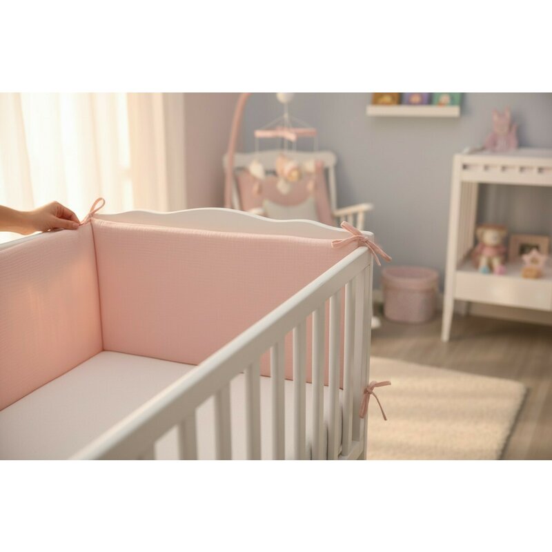 Aparatoare pentru patut, Qmini, Din muselina dubla, 180x30 cm, Cu panglici, Material certificat Oeko Tex Standard 100, Powder Pink