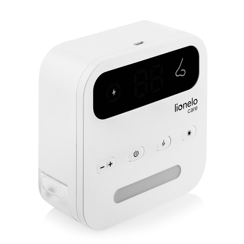 Aspirator nazal electric, Lionelo, Babyair Flow, Multifunctional, 9 trepte de aspirare, Functionare wireless pana la 2.5 h, Silentios, Functie de lampa, 3 varfuri din silicon, Perie de curatare inclusa, Cablu de incarcare USB-C, Alb