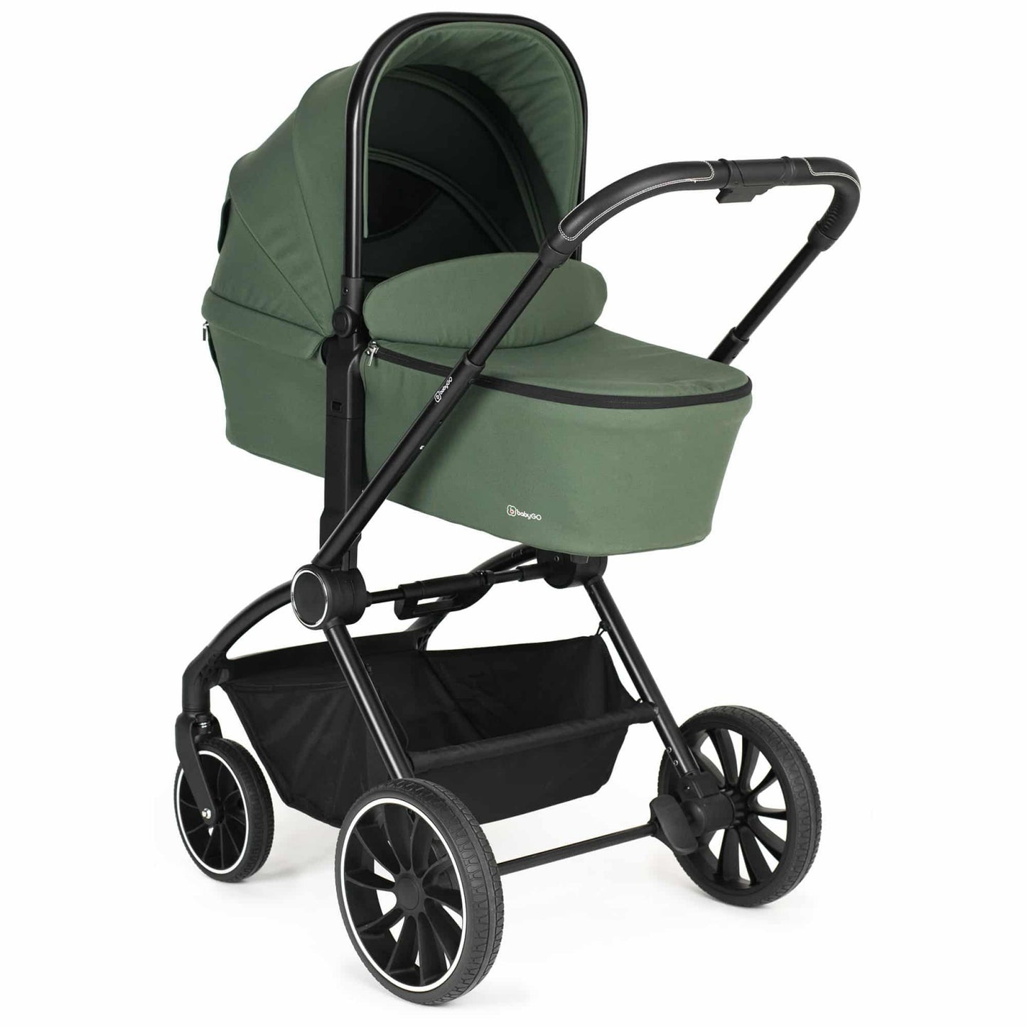 BabyGo - Carucior 3 in 1 Harmony Green cu maner reglabil pe inaltime, cadru Black