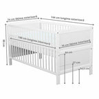 Pătuț BabyNeeds Nadia 140x70 cm alb – schemă cu dimensiunile și cele trei niveluri ale somierei