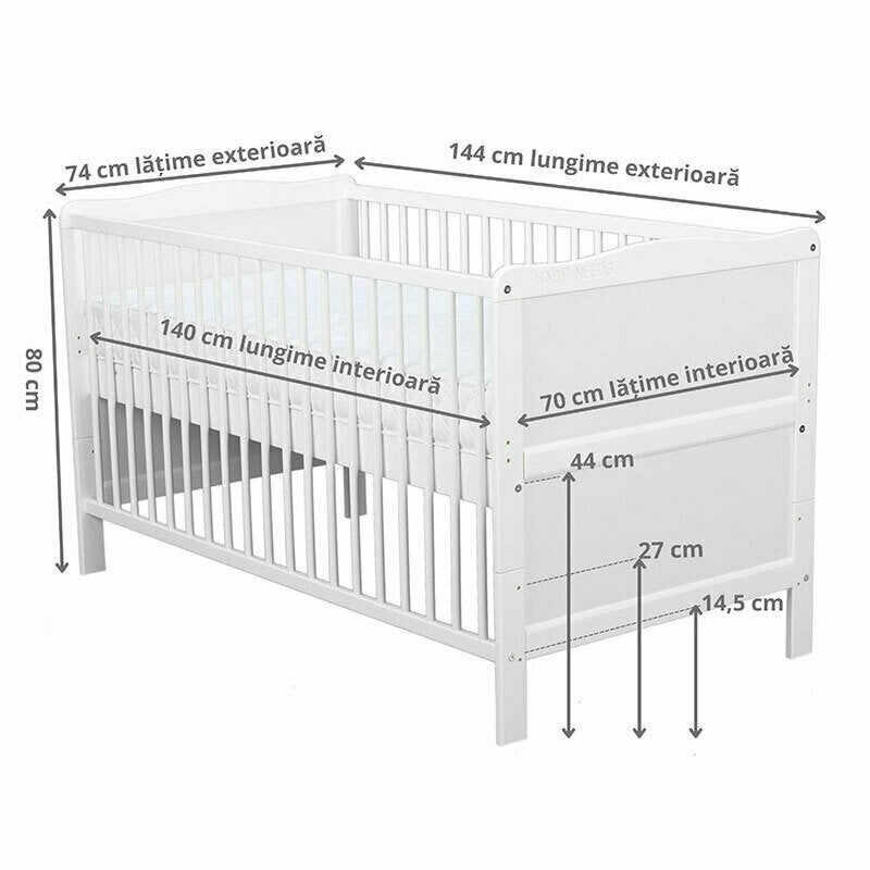 Pătuț BabyNeeds Nadia 140x70 cm alb – schemă cu dimensiunile și cele trei niveluri ale somierei