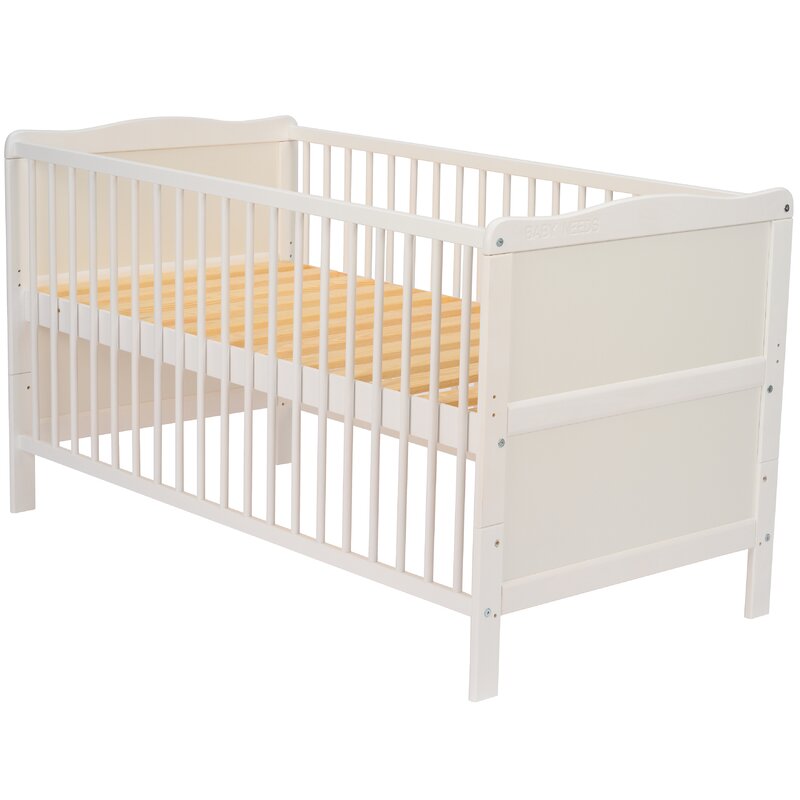 Patut din lemn bebe, Transformabil si pentru junior, 140x70 cm, Din lemn de pin si mdf, Stabil si rezistent, Inaltime saltea reglabila pe 3 nivele, Laterala cu 3 bete detasabile, EN716-1, EN716-2, Alb, Babyneeds, Nadia + Saltea 12 cm