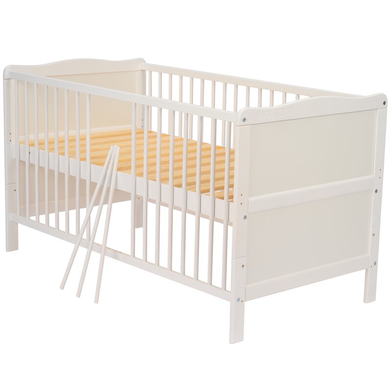 Patut din lemn bebe, Transformabil si pentru junior, 140x70 cm, Din lemn de pin si mdf, Stabil si rezistent, Inaltime saltea reglabila pe 3 nivele, Laterala cu 3 bete detasabile, EN716-1, EN716-2, Alb, Babyneeds, Nadia + Saltea 12 cm