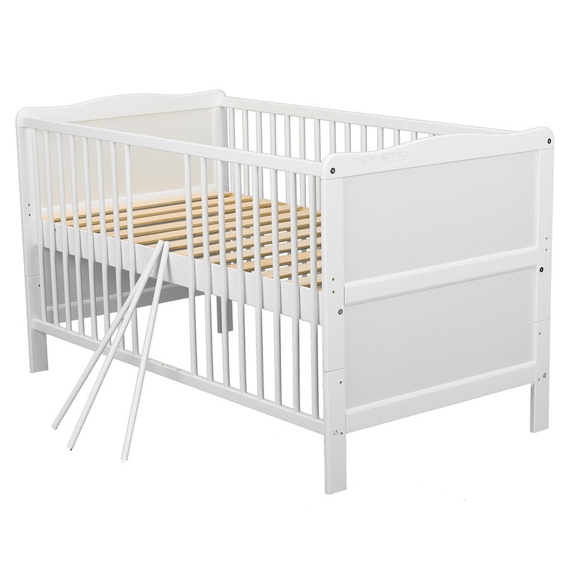 Patut din lemn bebe, Transformabil si pentru junior, 140x70 cm, Din lemn de pin si mdf, Stabil si rezistent, Inaltime saltea reglabila pe 3 nivele, Laterala cu 3 bete detasabile, EN716-1, EN716-2, Alb, Babyneeds, Nadia + Saltea 12 cm