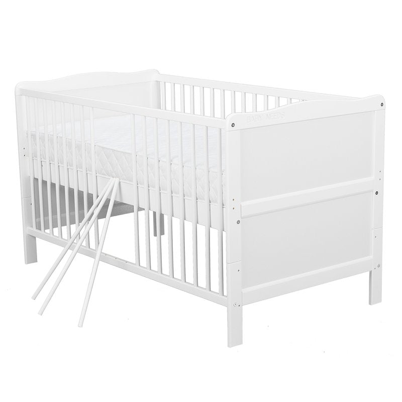 Patut din lemn bebe, Transformabil si pentru junior, 140x70 cm, Din lemn de pin si mdf, Stabil si rezistent, Inaltime saltea reglabila pe 3 nivele, Laterala cu 3 bete detasabile, EN716-1, EN716-2, Alb, Babyneeds, Nadia + Saltea 12 cm