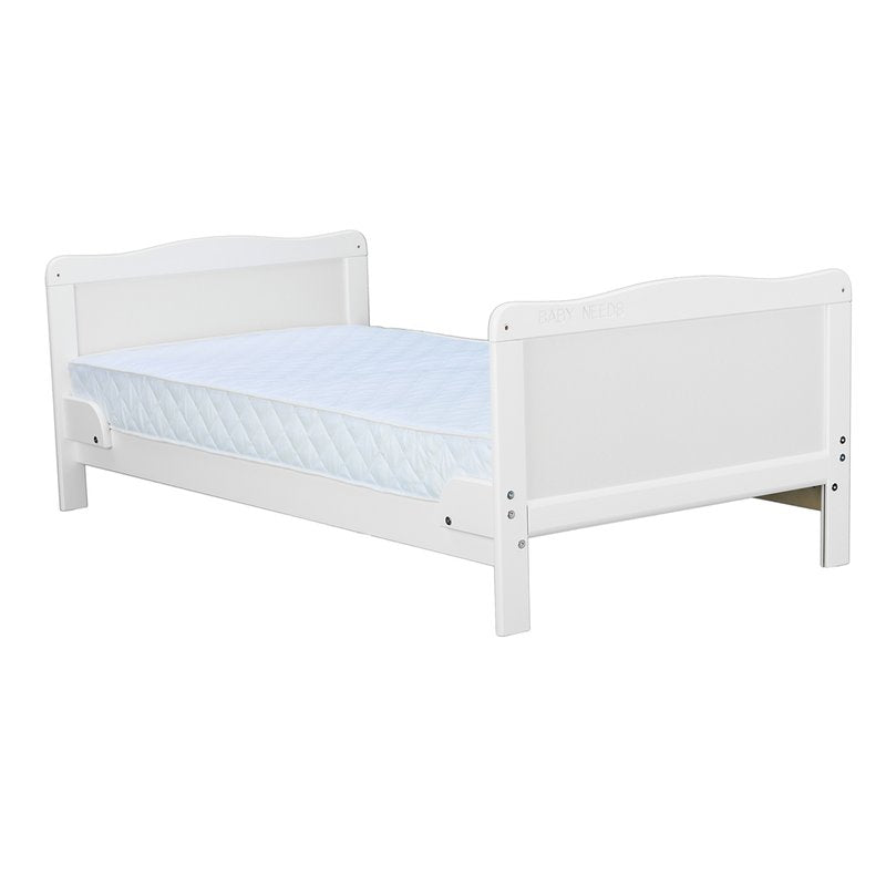 Patut din lemn bebe, Transformabil si pentru junior, 140x70 cm, Din lemn de pin si mdf, Stabil si rezistent, Inaltime saltea reglabila pe 3 nivele, Laterala cu 3 bete detasabile, EN716-1, EN716-2, Alb, Babyneeds, Nadia + Saltea 12 cm