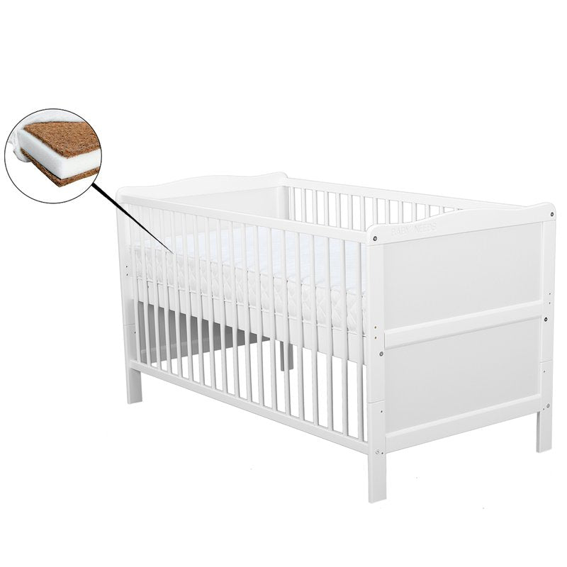 Patut din lemn bebe, Transformabil si pentru junior, 140x70 cm, Din lemn de pin si mdf, Stabil si rezistent, Inaltime saltea reglabila pe 3 nivele, Laterala cu 3 bete detasabile, EN716-1, EN716-2, Alb, Babyneeds, Nadia + Saltea 12 cm