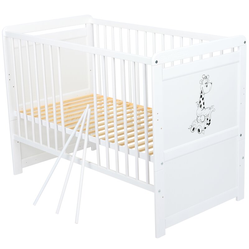 Pătuț BabyNeeds Nadia II Girafa 120x60 cm alb – trei bare laterale detașate și somieră vizibilă