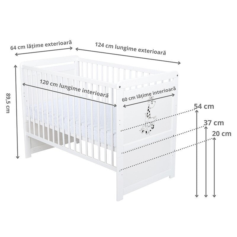 Pătuț BabyNeeds Nadia II Girafa 120x60 cm alb – schemă cu dimensiunile și înălțimile somierei