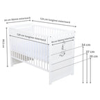 Pătuț BabyNeeds Nadia II Girafa 120x60 cm alb – schemă cu dimensiunile și înălțimile somierei