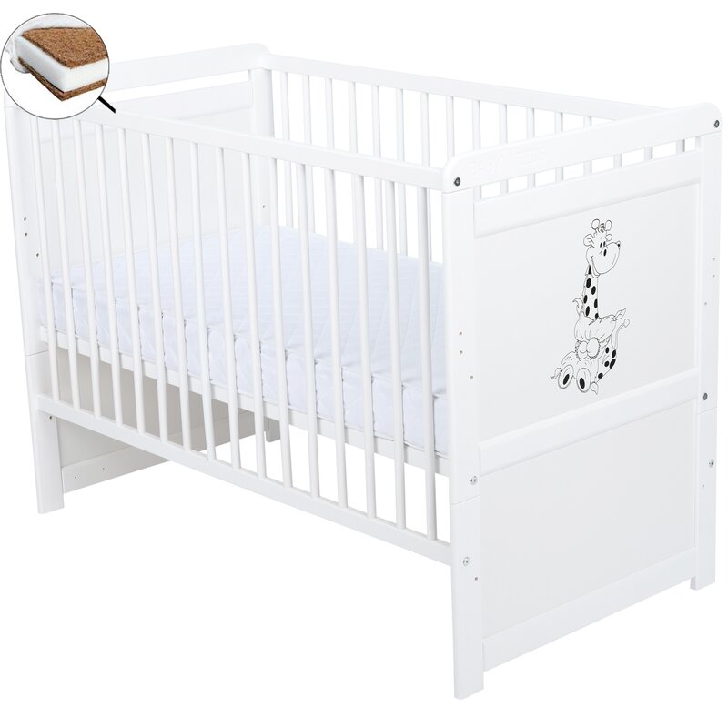 Patut din lemn bebe, Transformabil si pentru junior, 120x60 cm, Din lemn de pin si mdf, Stabil si rezistent, Inaltime saltea reglabila pe 3 nivele, Laterala cu 3 bete detasabile, EN716-1, EN716-2, Alb, Babyneeds, Nadia II, Girafa + Saltea 10 cm