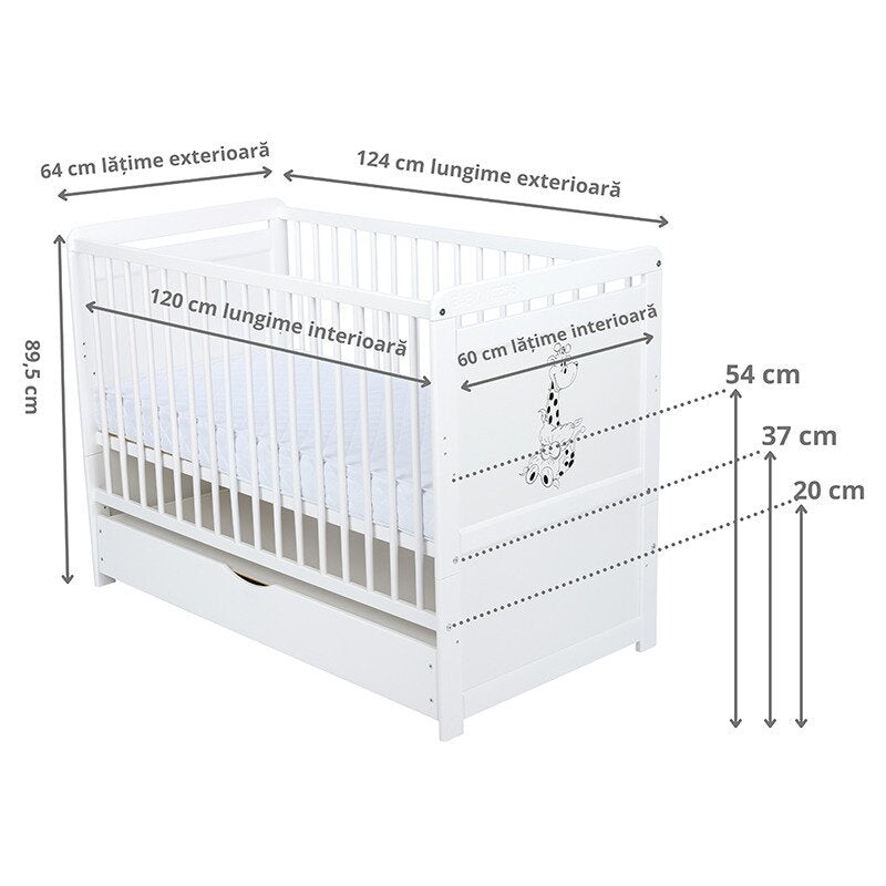 Patut din lemn bebe, Transformabil si pentru junior, 120x60 cm, Cu sertar cu capac, Din pin si mdf, Stabil si rezistent, Inaltime saltea reglabila pe 3 nivele, Laterala cu 3 bete detasabile, EN716-1, EN16-2, Alb, Babyneeds, Nadia II, Girafa