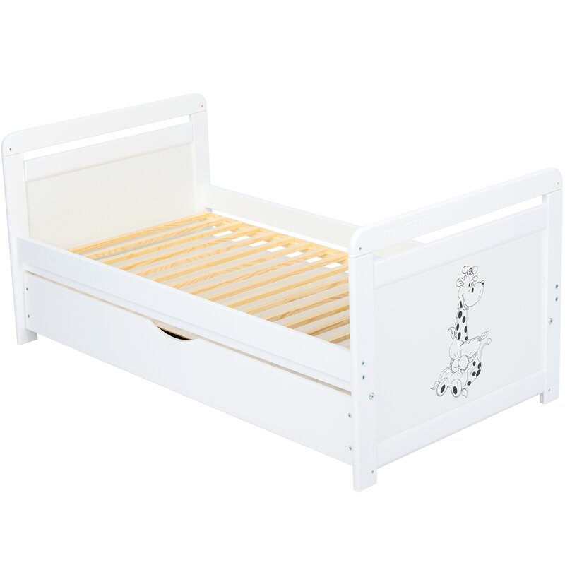 Pătuț din Lemn BabyNeeds Nadia II Girafa 120x60 cm Alb cu Sertar + Saltea 8 cm
