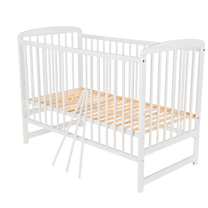 Pătuț BabyNeeds Ola 120x60 cm alb – trei bare detașate și somiera vizibilă