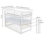 Pătuț BabyNeeds Ola 120x60 cm alb – schemă cu dimensiunile și reglajele somierei