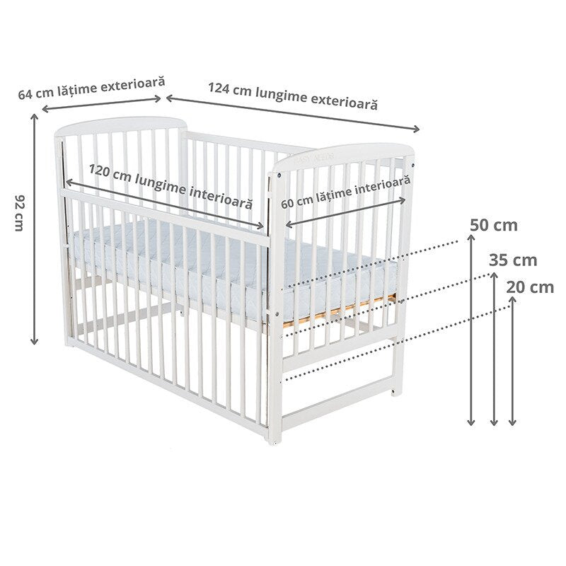 Pătuț BabyNeeds Ola 120x60 cm alb – schemă cu dimensiunile și reglajele somierei