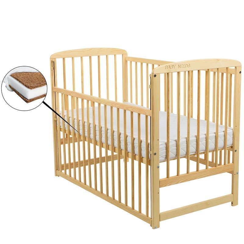 Pătuț din Lemn BabyNeeds Ola 120x60 cm Natur cu Laterală Culisantă + Saltea 12 cm