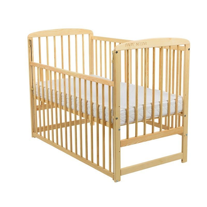 Pătuț din Lemn BabyNeeds Ola 120x60 cm Natur cu Laterală Culisantă + Saltea 12 cm